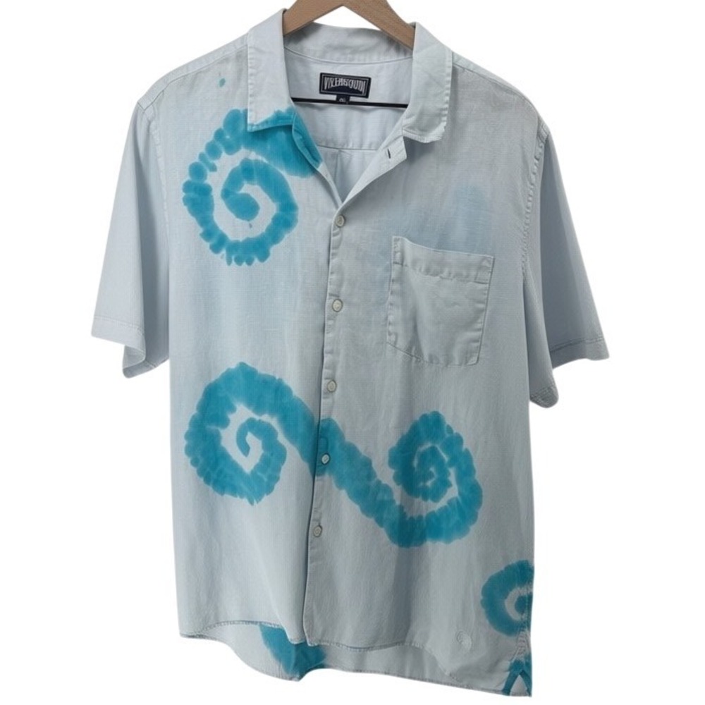 Vilebrequin Linen Button Up Shirt Men XL White Blue Tie Dye Charli Pret a Porter
